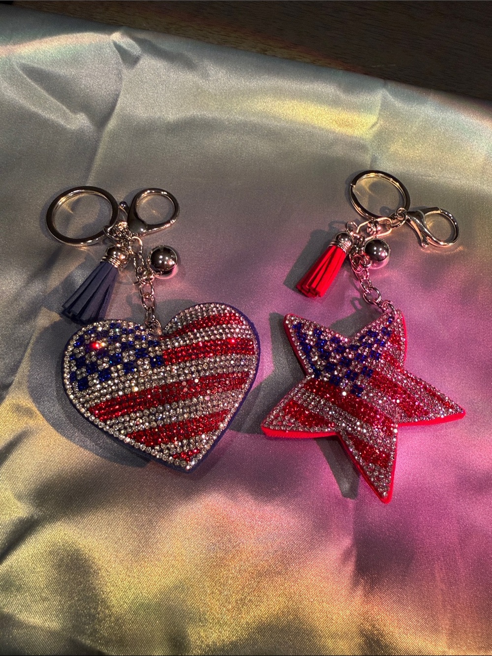 Patriotic Rhinestone Heart & Star Keychain Set - Red, White & Blue
